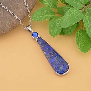 Lapis Lazuli, Blue Austrian Crystal Geographical Shape Pendant Necklace (20 Inches) in Stainless Steel 40.00 ctw | Tarnish-Free, Waterproof, Sweat Proof Jewelry