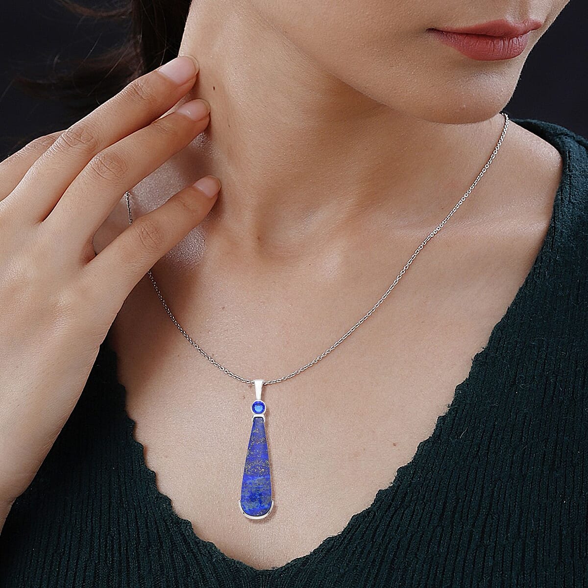 Lapis Lazuli and Blue Austrian Crystal Geographical Shape Pendant Necklace 20 Inches in Stainless Steel 40.00 ctw image number 2