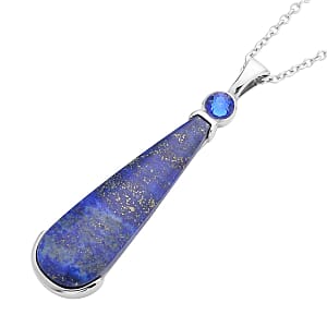 Lapis Lazuli, Blue Austrian Crystal Geographical Shape Pendant Necklace (20 Inches) in Stainless Steel 40.00 ctw | Tarnish-Free, Waterproof, Sweat Proof Jewelry