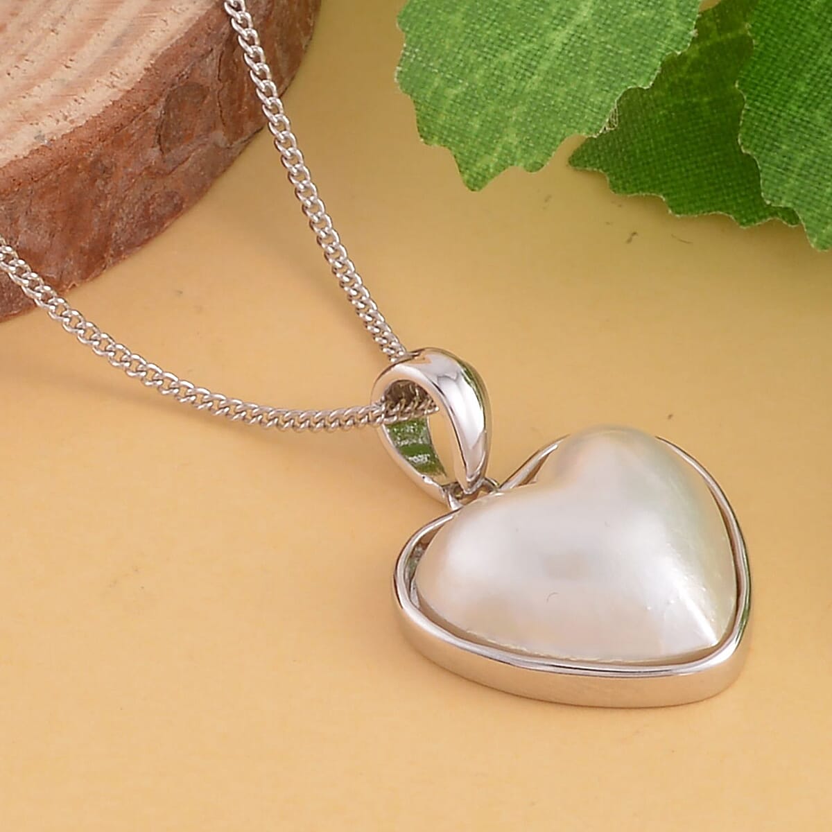 White Mabe Pearl Heart Pendant Necklace 18 Inches in Rhodium Over Sterling Silver image number 1