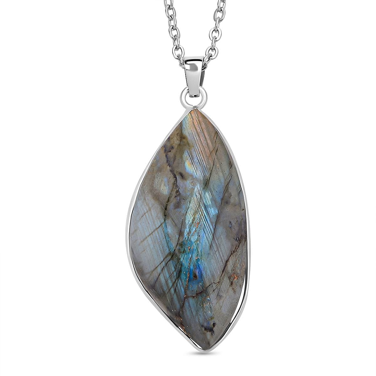 Malagasy Labradorite Pendant Necklace (20 Inches) in Stainless Steel 40.00 ctw , Tarnish-Free, Waterproof, Sweat Proof Jewelry image number 0