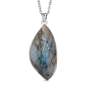Malagasy Labradorite Pendant Necklace (20 Inches) in Stainless Steel 40.00 ctw , Tarnish-Free, Waterproof, Sweat Proof Jewelry