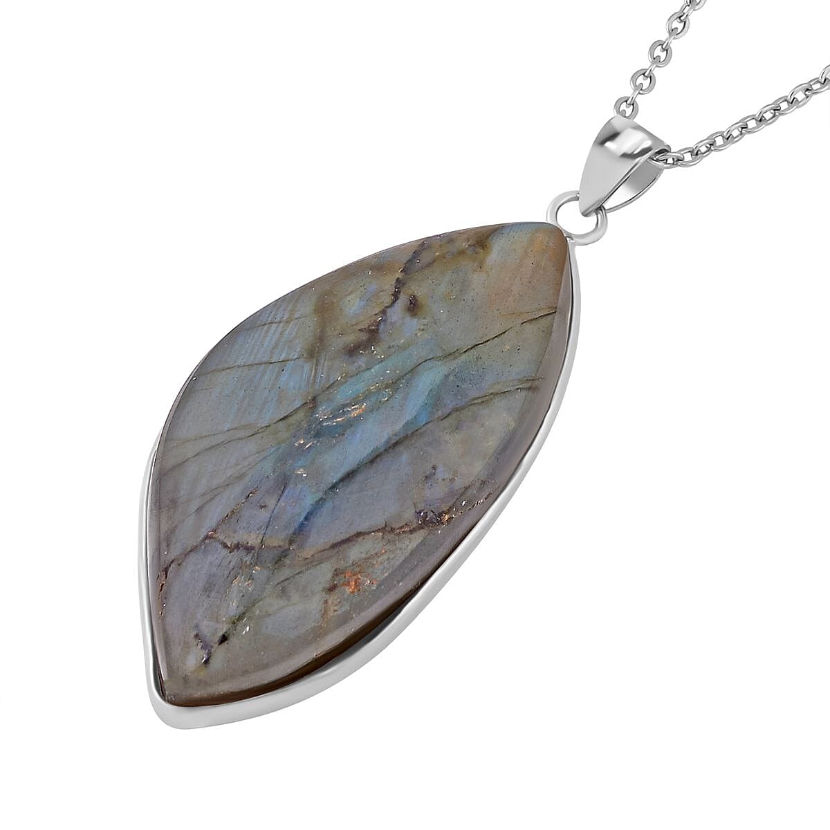 Malagasy Labradorite Pendant Necklace (20 Inches) in Stainless Steel 40.00 ctw , Tarnish-Free, Waterproof, Sweat Proof Jewelry image number 3