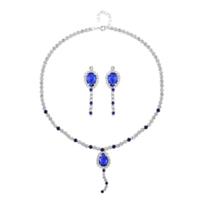 Blue and White Austrian Crystal Necklace 20-22Inches and Earrings in Silvertone