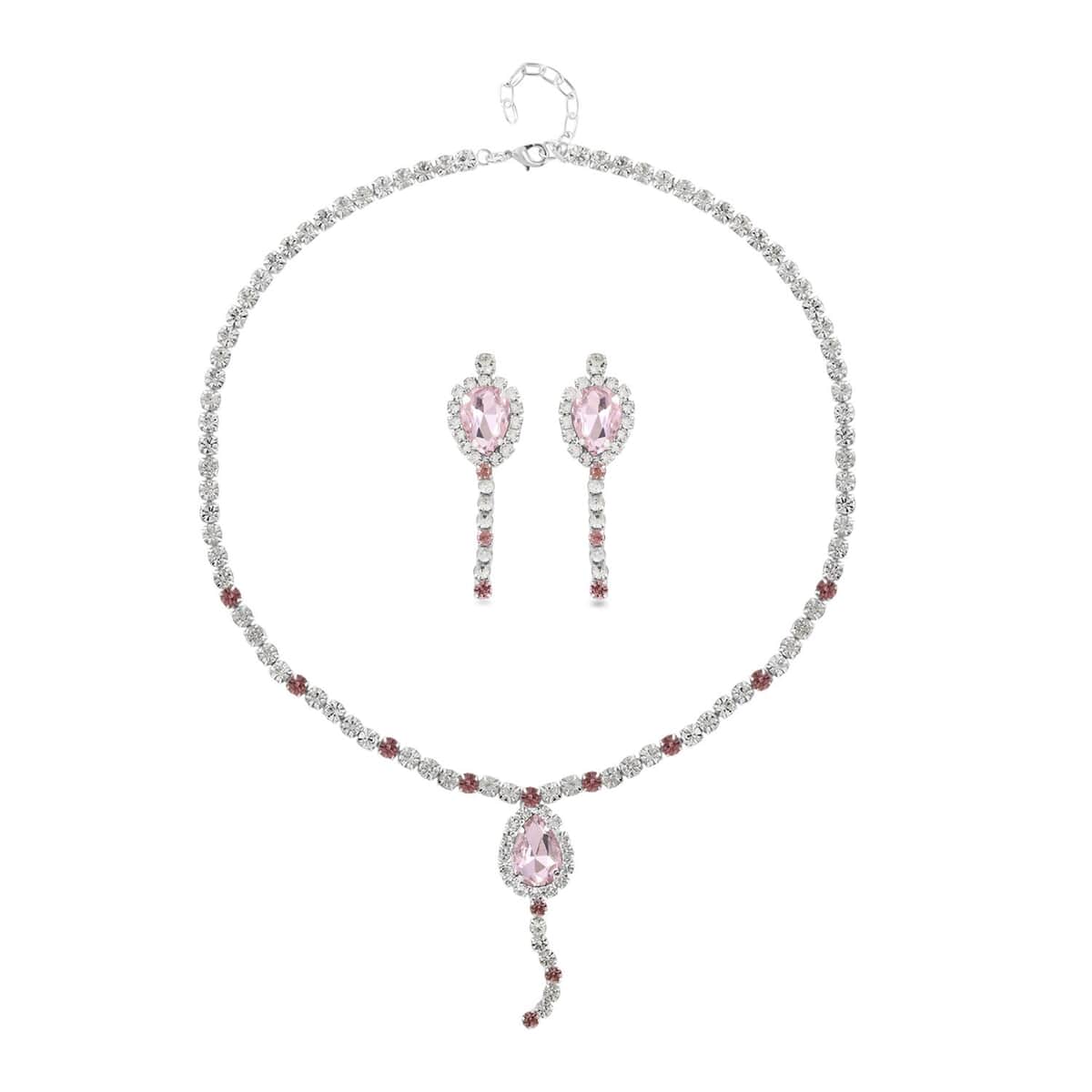 Pink and White Austrian Crystal Necklace 20-22Inches and Earrings in Silvertone image number 0