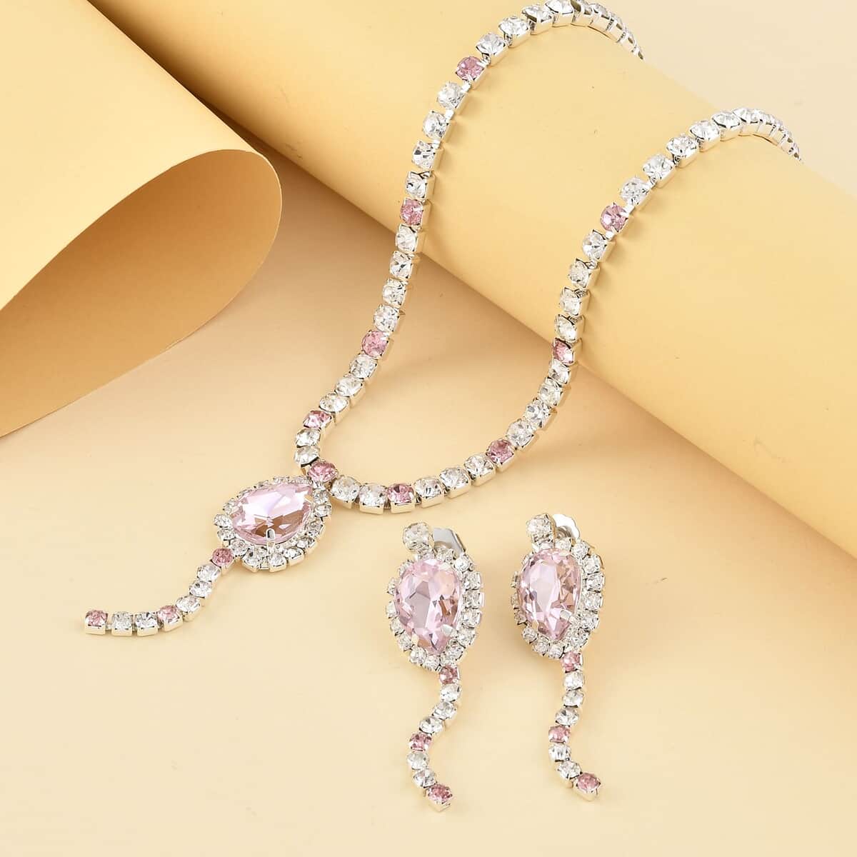 Pink and White Austrian Crystal Necklace 20-22Inches and Earrings in Silvertone image number 1