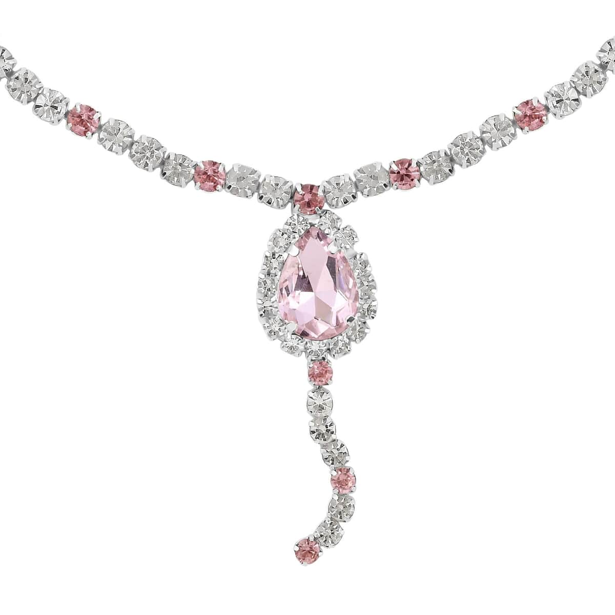 Pink and White Austrian Crystal Necklace 20-22Inches and Earrings in Silvertone image number 3