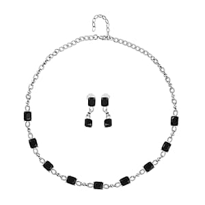 Black Glass Station Necklace 20-22 Inches and Earrings in Silvertone