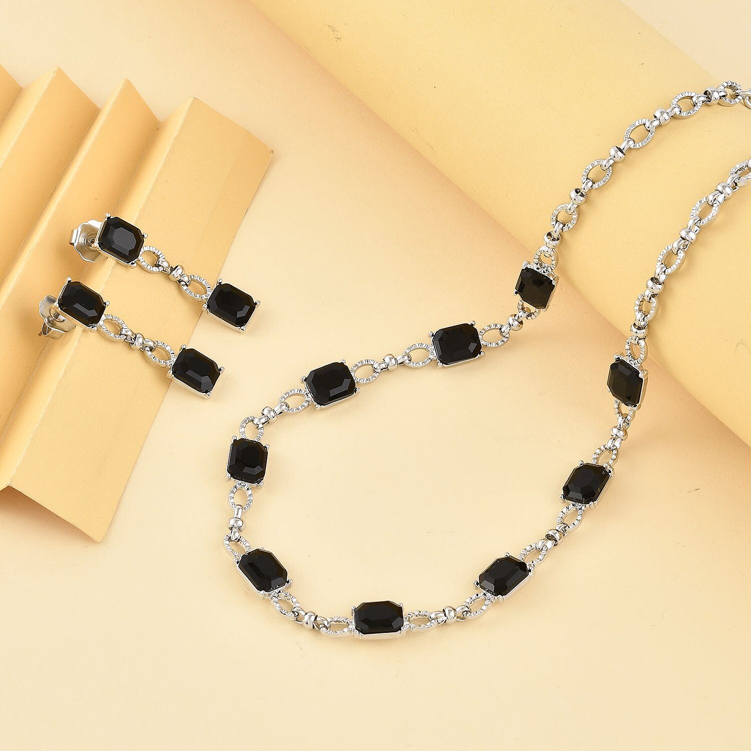 Black Glass Station Necklace 20-22 Inches and Earrings in Silvertone