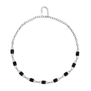 Black Glass Station Necklace 20-22 Inches and Earrings in Silvertone