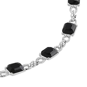 Black Glass Station Necklace 20-22 Inches and Earrings in Silvertone