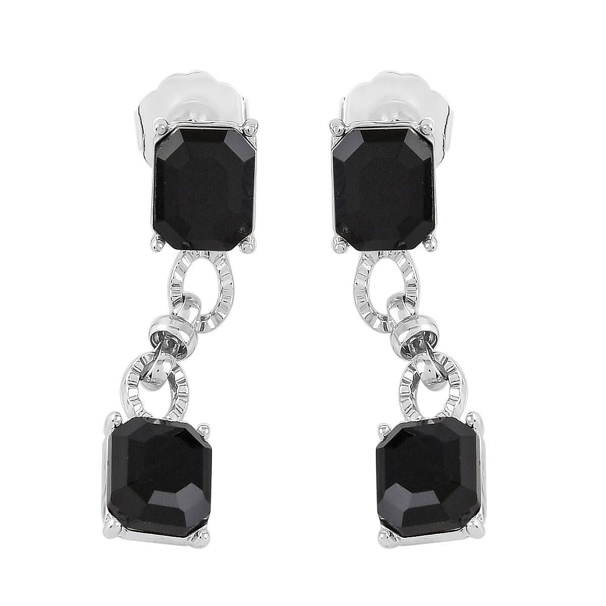 Black Glass Station Necklace 20-22 Inches and Earrings in Silvertone