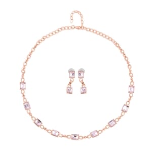 Pink Glass Station Necklace 20-22 Inches and Earrings in Rosetone