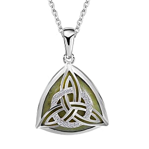 Connemara Marble Necklace , Sterling Silver Necklace , Celtic Knot Pendant Necklace, White Zircon Accent Pendant, Princess Length Pendant Necklace 11.15 ctw