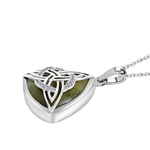 Connemara Marble Necklace , Sterling Silver Necklace , Celtic Knot Pendant Necklace, White Zircon Accent Pendant, Princess Length Pendant Necklace 11.15 ctw