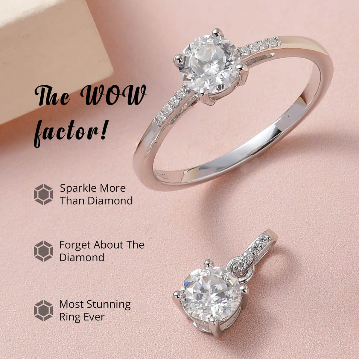100 Facets Moissanite 1.65 ctw Solitaire Ring (Size 5.00) and Pendant Set in Platinum Over Sterling Silver, Moissanite Solitaire Ring, Moissanite Stud Earrings, Jewelry Set For Her image number 1