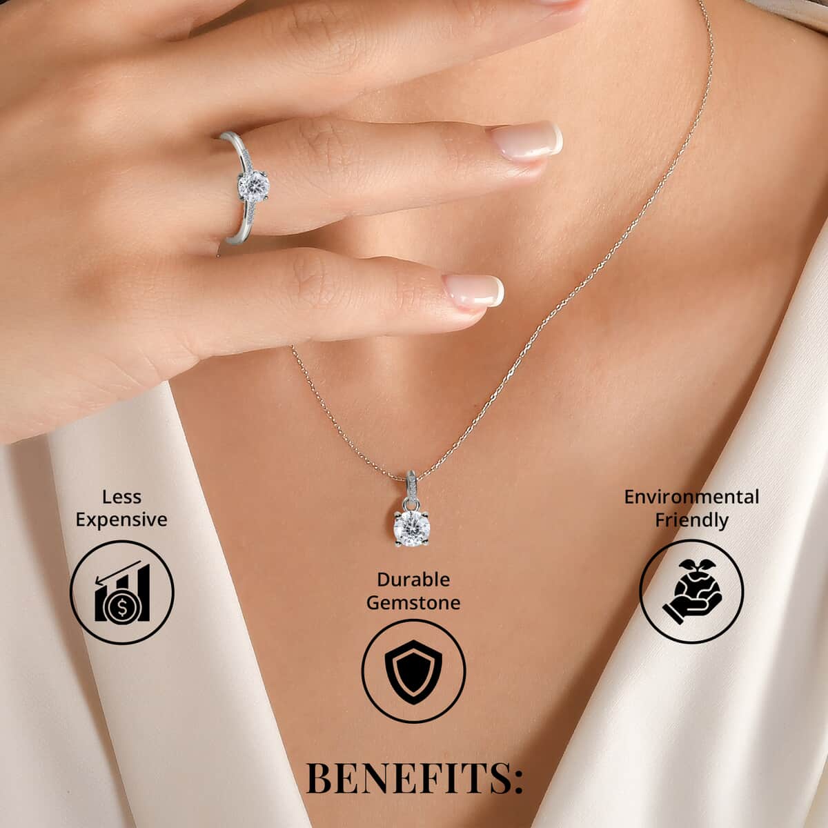 100 Facets Moissanite 1.65 ctw Solitaire Ring (Size 5.00) and Pendant Set in Platinum Over Sterling Silver, Moissanite Solitaire Ring, Moissanite Stud Earrings, Jewelry Set For Her image number 3