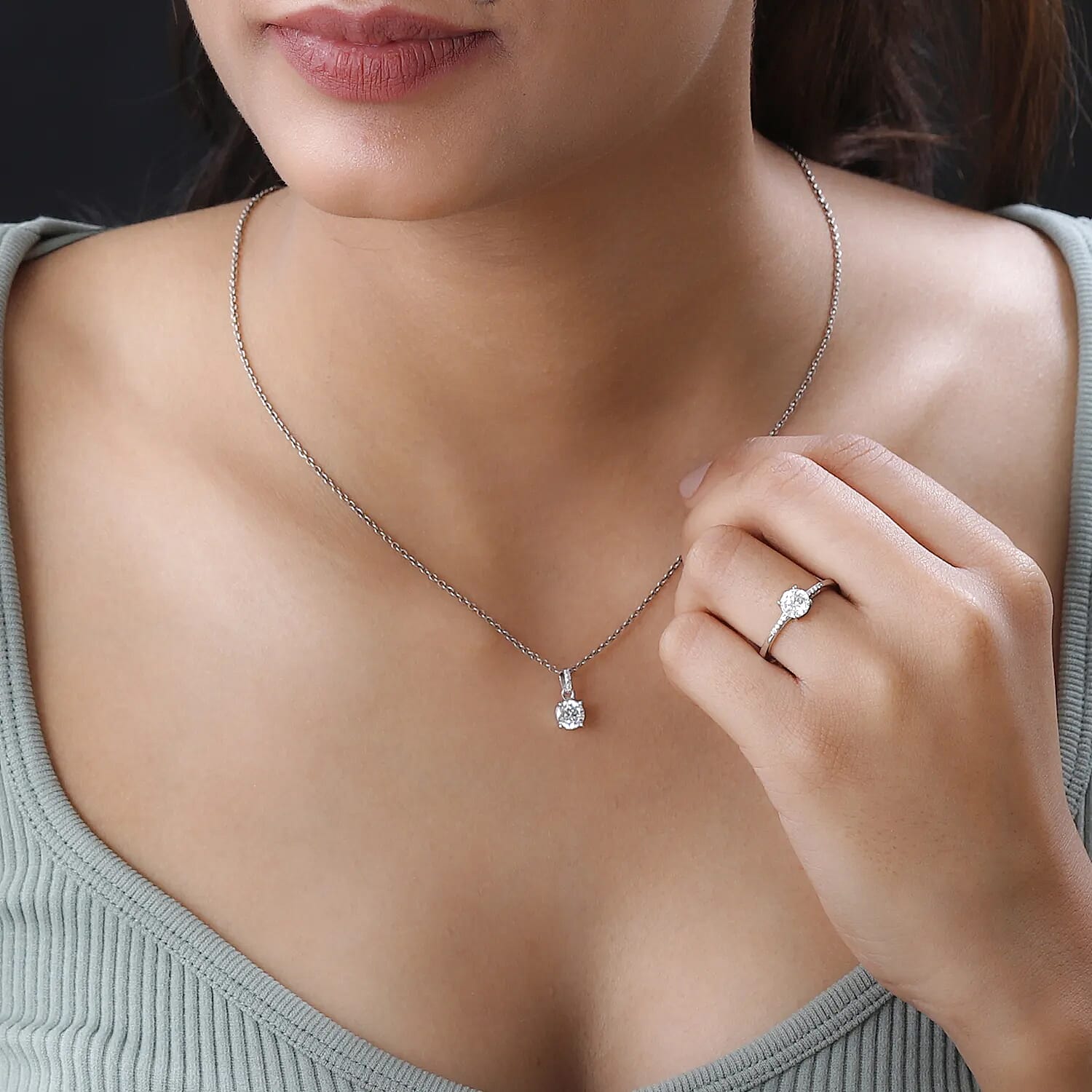 100 Facets Moissanite 1.65 ctw Solitaire Ring (Size 5.00) and Pendant without Chain Set in Platinum Over Sterling Silver, Moissanite Solitaire Ring, Moissanite Stud Earrings, Jewelry Set For Her