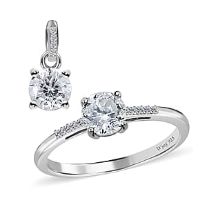 100 Facets Moissanite 1.65 ctw Solitaire Ring and Pendant Set in Platinum Over Sterling Silver , Moissanite Solitaire Ring,Jewelry Set For Her (Size 7.00)