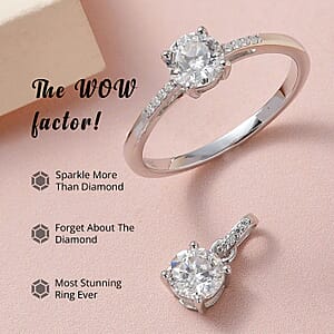 100 Facets Moissanite 1.65 ctw Solitaire Ring and Pendant Set in Platinum Over Sterling Silver , Moissanite Solitaire Ring,Jewelry Set For Her (Size 7.00)
