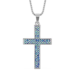 Abalone Shell and Blue Mystic Color Austrian Crystal Cross Pendant Necklace 24-26 Inches in Silvertone