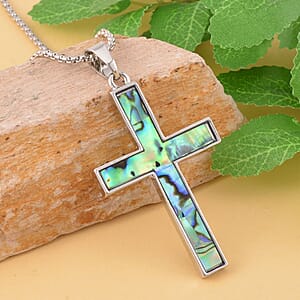 Abalone Shell and Blue Mystic Color Austrian Crystal Cross Pendant Necklace 24-26 Inches in Silvertone