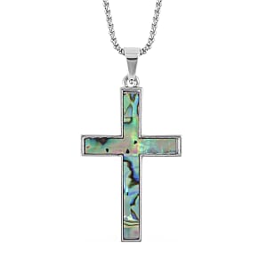 Abalone Shell and Blue Mystic Color Austrian Crystal Cross Pendant Necklace 24-26 Inches in Silvertone