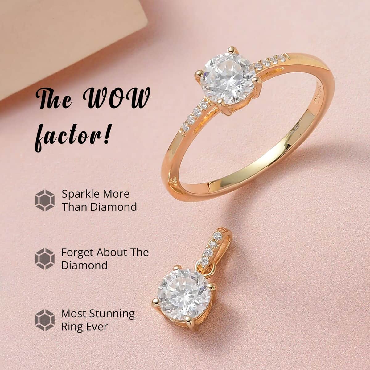 100 Facets Moissanite Solitaire Ring and Pendant Set in Vermeil Yellow Gold Over Sterling Silver, Moissanite Solitaire Ring, Jewelry Set For Her 1.65 ctw (Size 5.0) image number 1