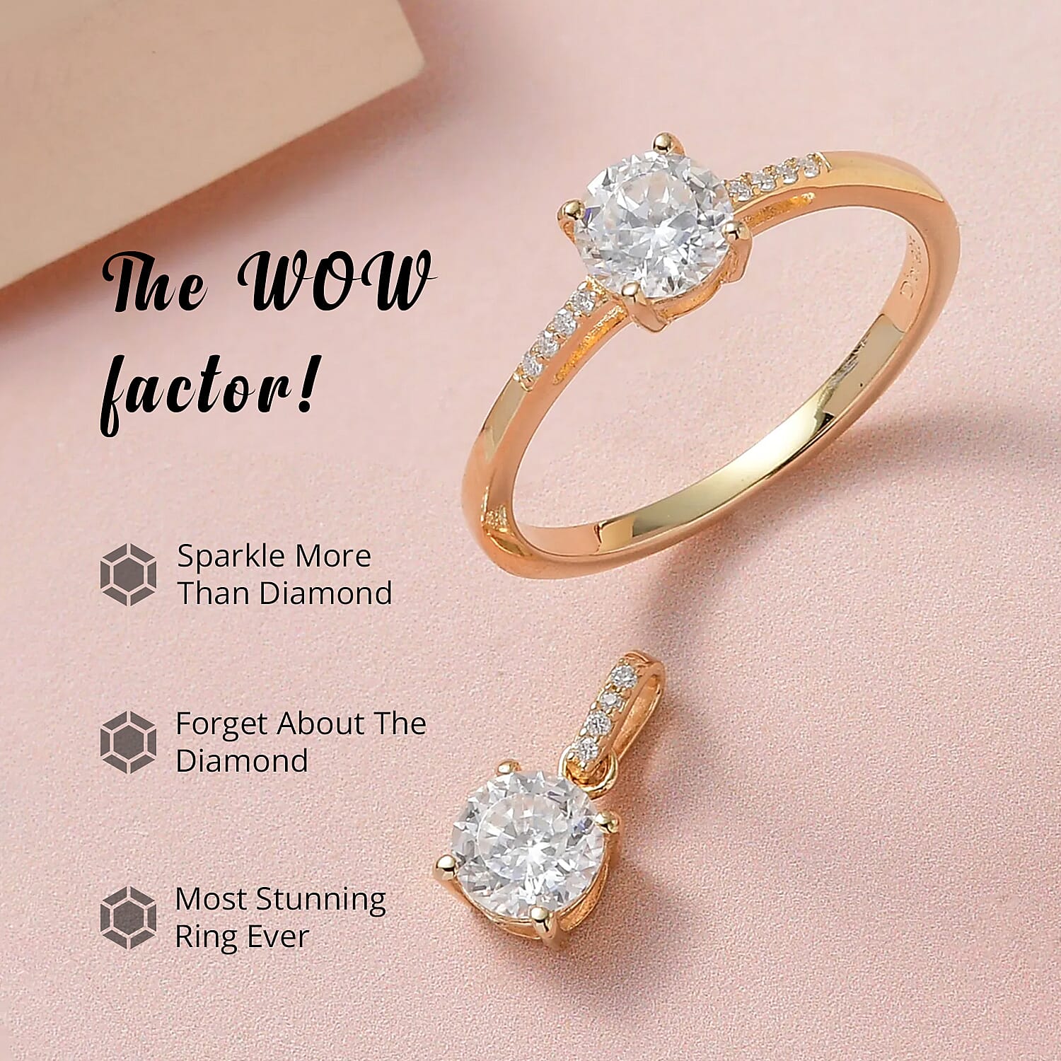 100 Facets Moissanite 1.65 ctw Solitaire Ring and Pendant without Chain Set in Vermeil Yellow Gold Over Sterling Silver, Moissanite Solitaire Ring, Jewelry Set For Her (Size 6.00)