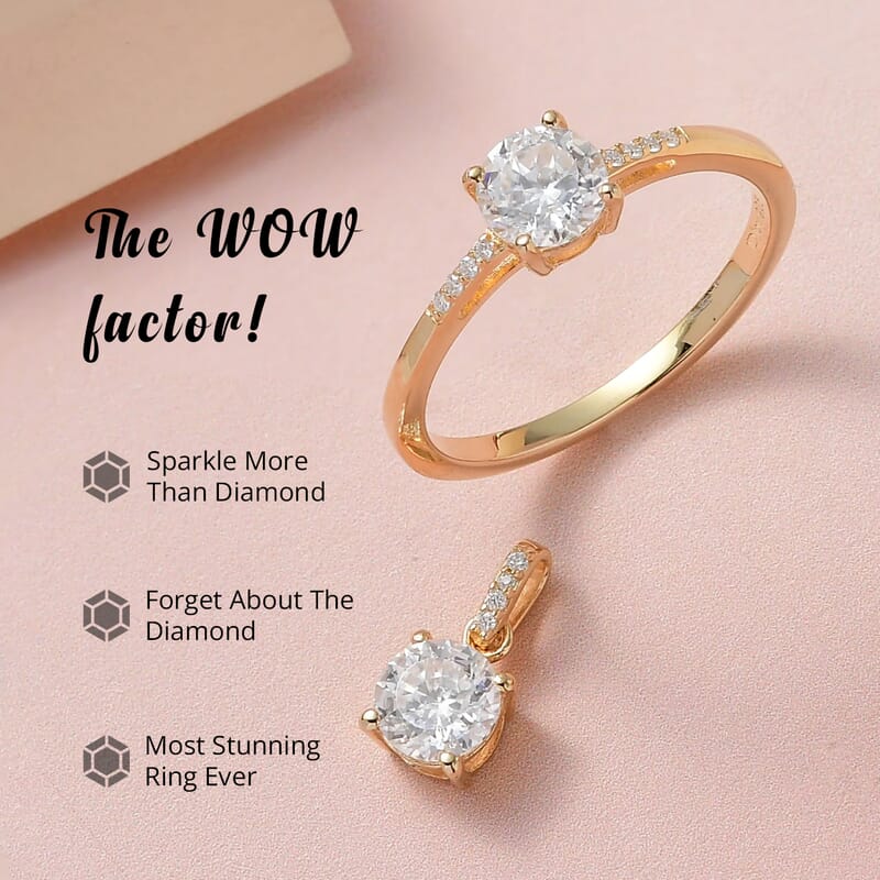 100 Facets Moissanite 1.65 ctw Solitaire Ring and Pendant without Chain Set in Vermeil Yellow Gold Over Sterling Silver, Moissanite Solitaire Ring, Jewelry Set For Her (Size 6.00)