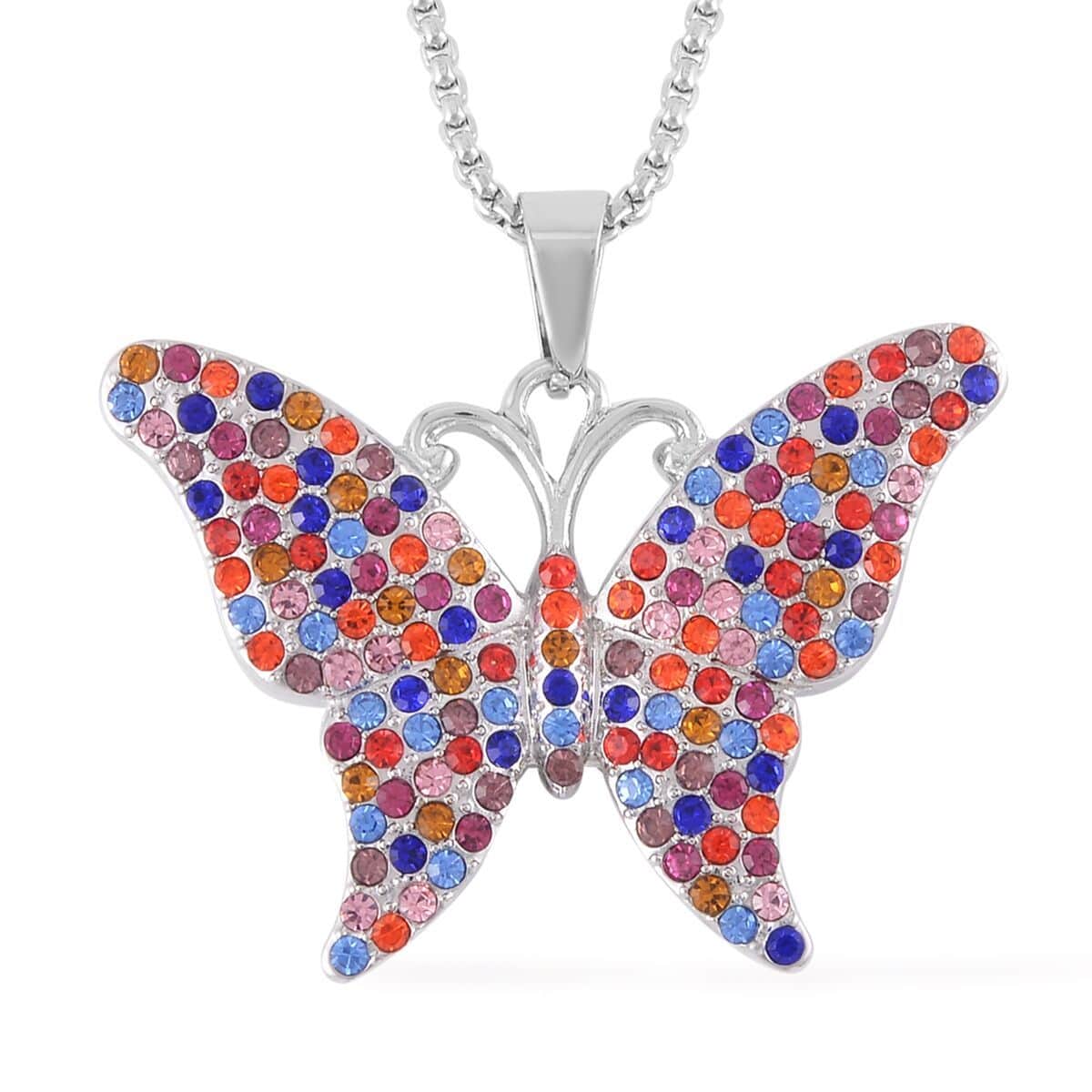 Abalone Shell and Multi Color Austrian Crystal Double Side Butterfly Pendant Necklace 24-26 Inches in Silvertone image number 0