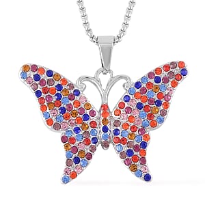 Abalone Shell and Multi Color Austrian Crystal Double Side Butterfly Pendant Necklace 24-26 Inches in Silvertone