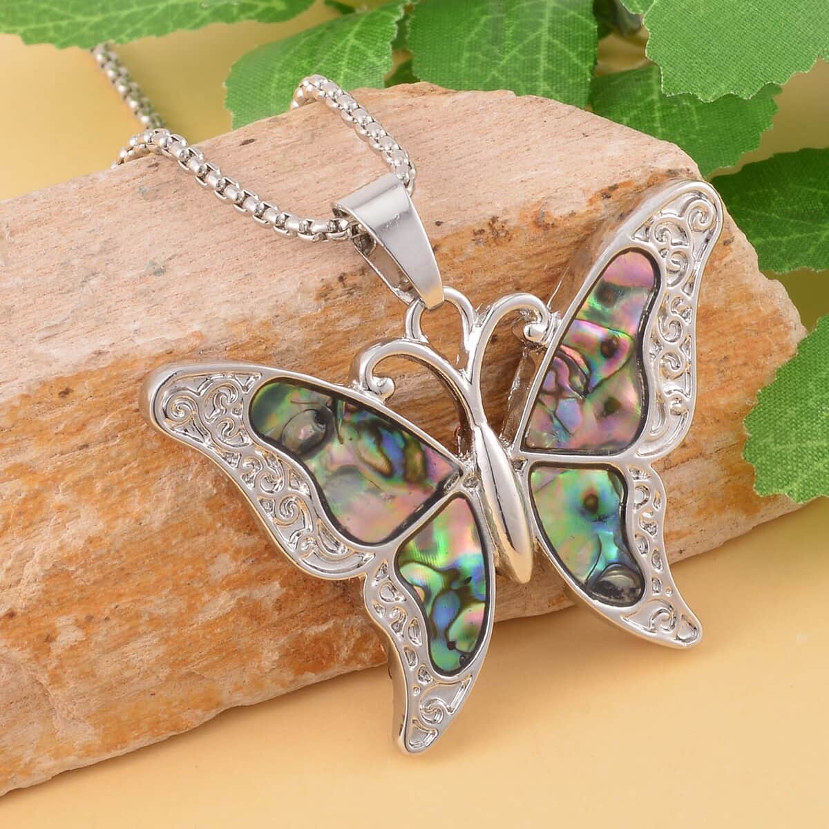 Abalone Shell and Multi Color Austrian Crystal Double Side Butterfly Pendant Necklace 24-26 Inches in Silvertone image number 2