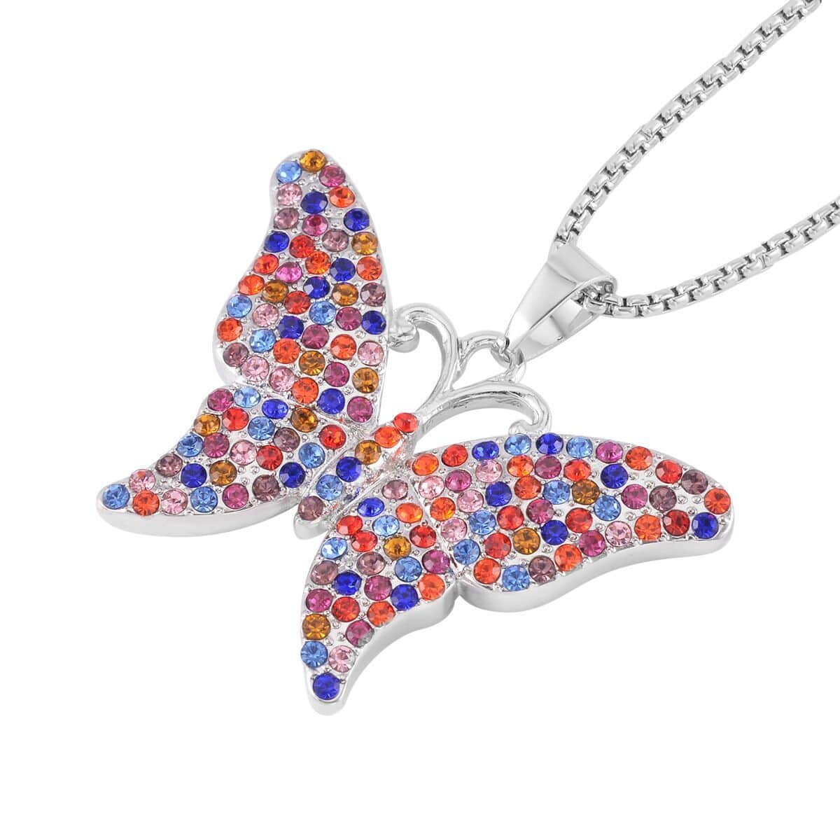 Abalone Shell and Multi Color Austrian Crystal Double Side Butterfly Pendant Necklace 24-26 Inches in Silvertone image number 3