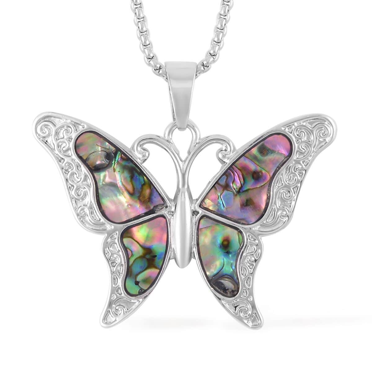 Abalone Shell and Multi Color Austrian Crystal Double Side Butterfly Pendant Necklace 24-26 Inches in Silvertone image number 4