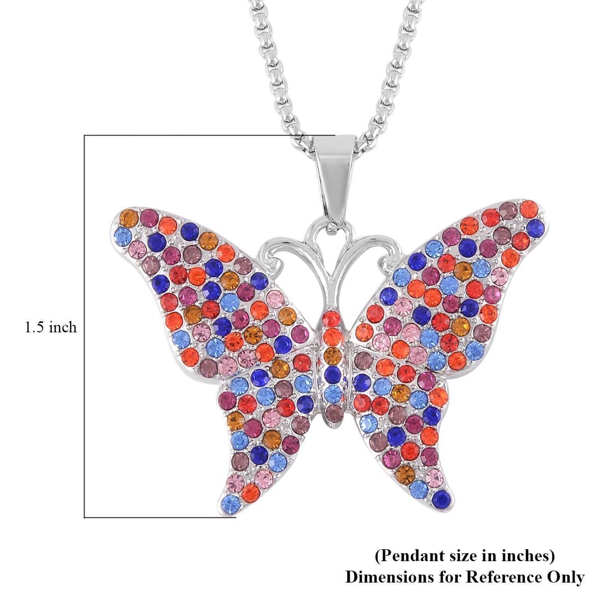 Abalone Shell and Multi Color Austrian Crystal Double Side Butterfly Pendant Necklace 24-26 Inches in Silvertone image number 5