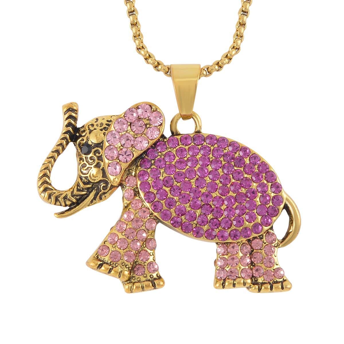 Abalone Shell and Multi Color Austrian Crystal Double Side Elephant Pendant Necklace 24-26 Inches in Goldtone image number 0