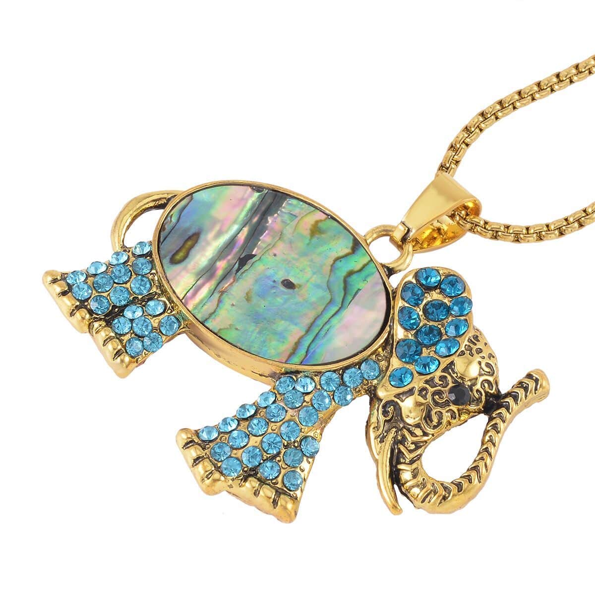 Abalone Shell and Multi Color Austrian Crystal Double Side Elephant Pendant Necklace 24-26 Inches in Goldtone image number 3