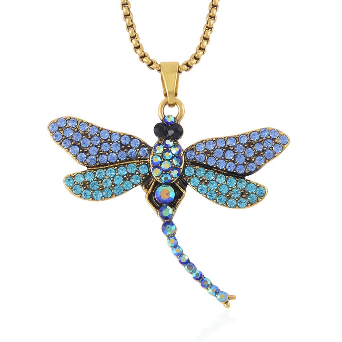 Abalone Shell AND Multi Color Austrian Crystal Double Side Dragonfly Pendant Necklace in Goldtone 24-26 Inches image number 0