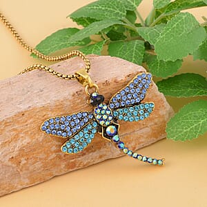 Abalone Shell AND Multi Color Austrian Crystal Double Side Dragonfly Pendant Necklace in Goldtone 24-26 Inches