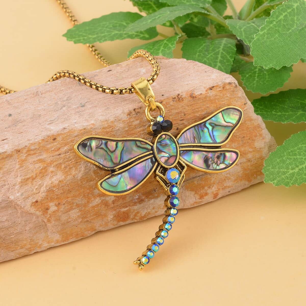 Abalone Shell AND Multi Color Austrian Crystal Double Side Dragonfly Pendant Necklace in Goldtone 24-26 Inches image number 2