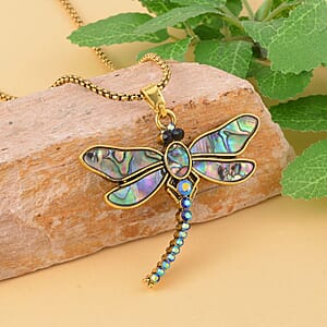 Abalone Shell AND Multi Color Austrian Crystal Double Side Dragonfly Pendant Necklace in Goldtone 24-26 Inches