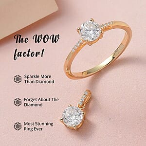 100 Facets Moissanite 1.65 ctw Solitaire Ring and Pendant without Chain Set in Vermeil Yellow Gold Over Sterling Silver , Moissanite Solitaire Ring,Jewelry Set For Her (Size 9.0)