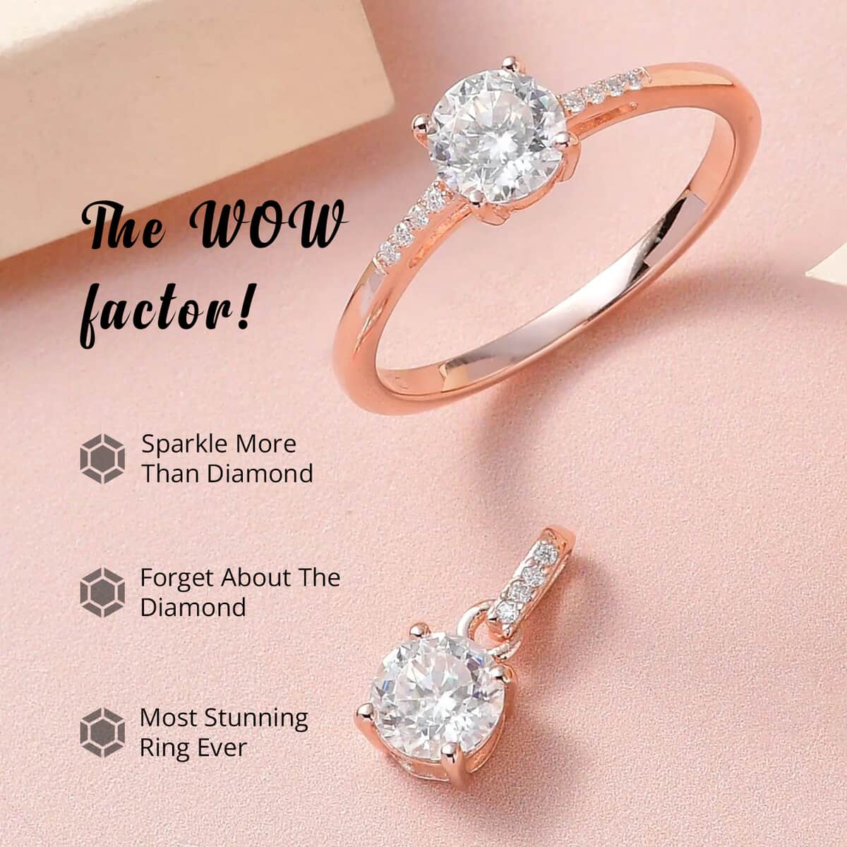 100 Facets Moissanite 1.65 ctw Solitaire Ring and Pendant Set in Vermeil Rose Gold Over Sterling Silver, Moissanite Solitaire Ring, Jewelry Set For Her (Size 5.00) image number 1