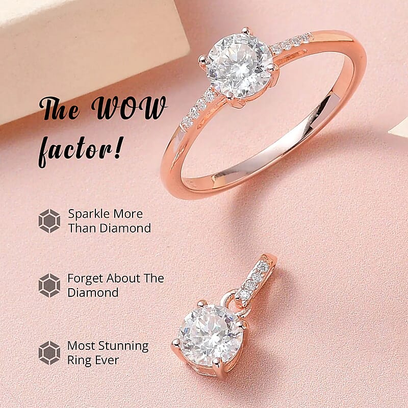 100 Facets Moissanite 1.65 ctw Solitaire Ring and Pendant without Chain Set in Vermeil Rose Gold Over Sterling Silver, Moissanite Solitaire Ring, Jewelry Set For Her (Size 5.00)
