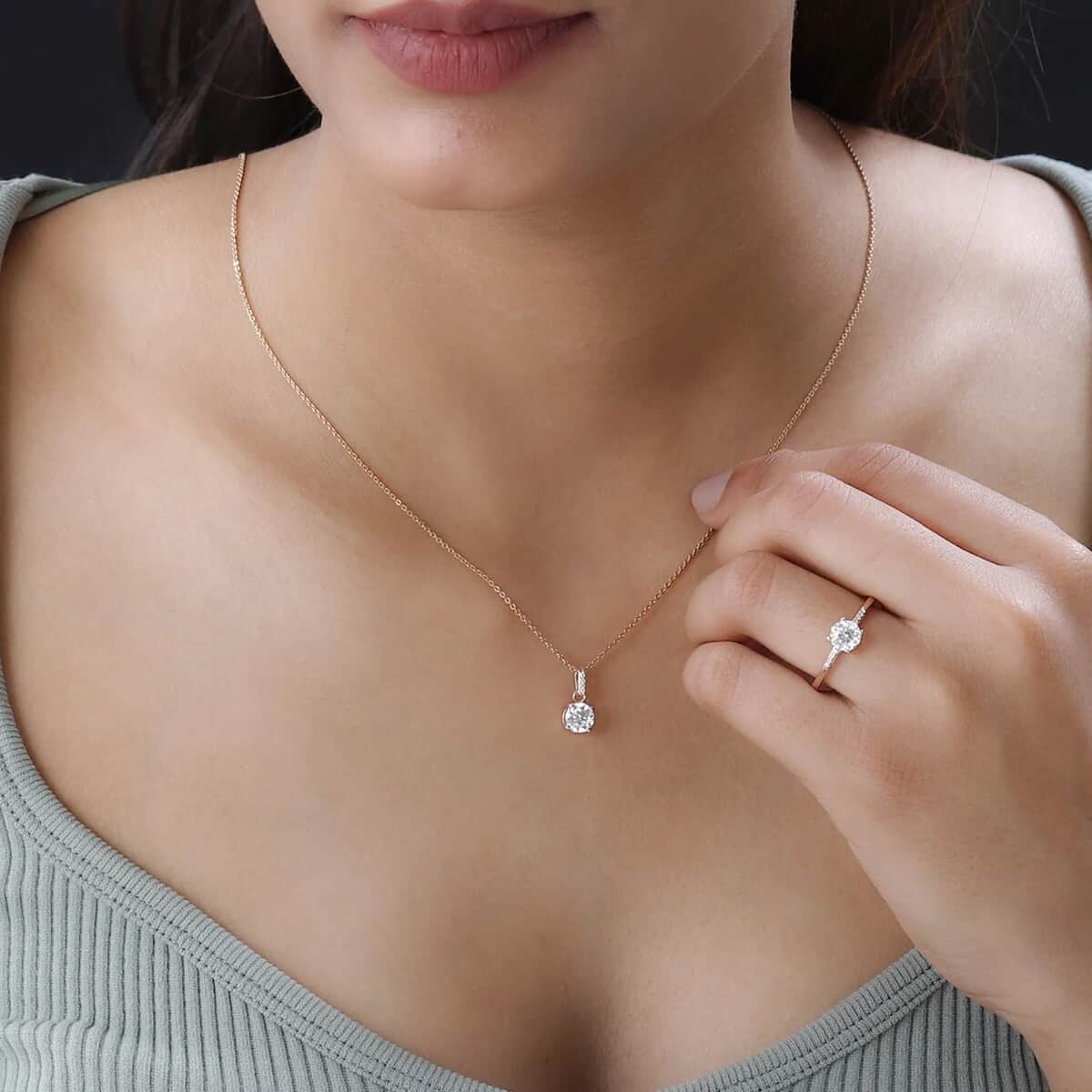 100 Facets Moissanite 1.65 ctw Solitaire Ring and Pendant Set in Vermeil Rose Gold Over Sterling Silver, Moissanite Solitaire Ring, Jewelry Set For Her (Size 5.00) image number 6