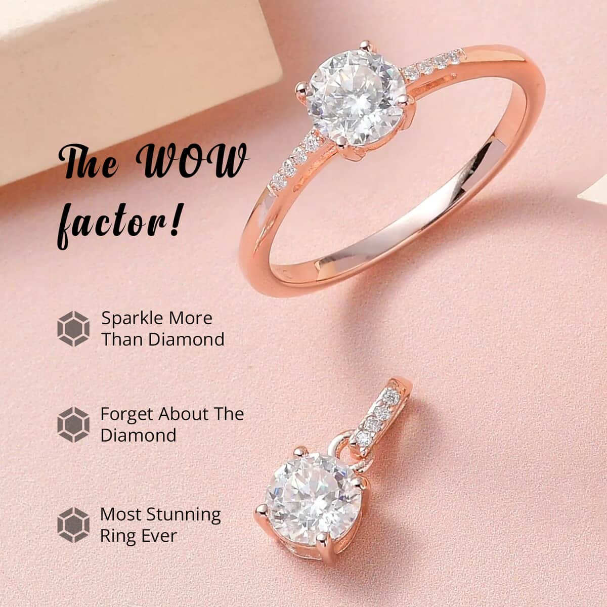 100 Facets Moissanite 1.65 ctw Solitaire Ring and Pendant Set in Vermeil Rose Gold Over Sterling Silver, Moissanite Solitaire Ring, Jewelry Set For Her (Size 6.00) image number 1
