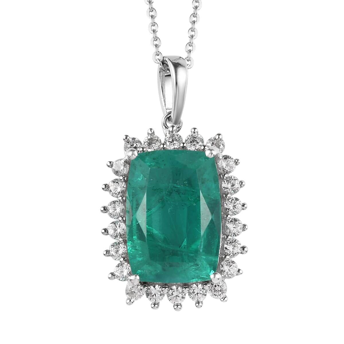 Emeraldine Quartz (Triplet) and White Zircon Halo Pendant Necklace 20 Inches in Platinum Over Sterling Silver 8.15 ctw image number 0