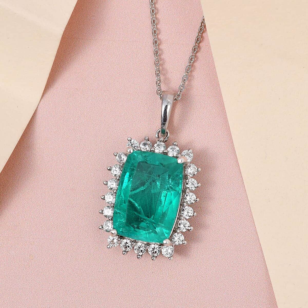 Emeraldine Quartz (Triplet) and White Zircon Halo Pendant Necklace 20 Inches in Platinum Over Sterling Silver 8.15 ctw image number 1