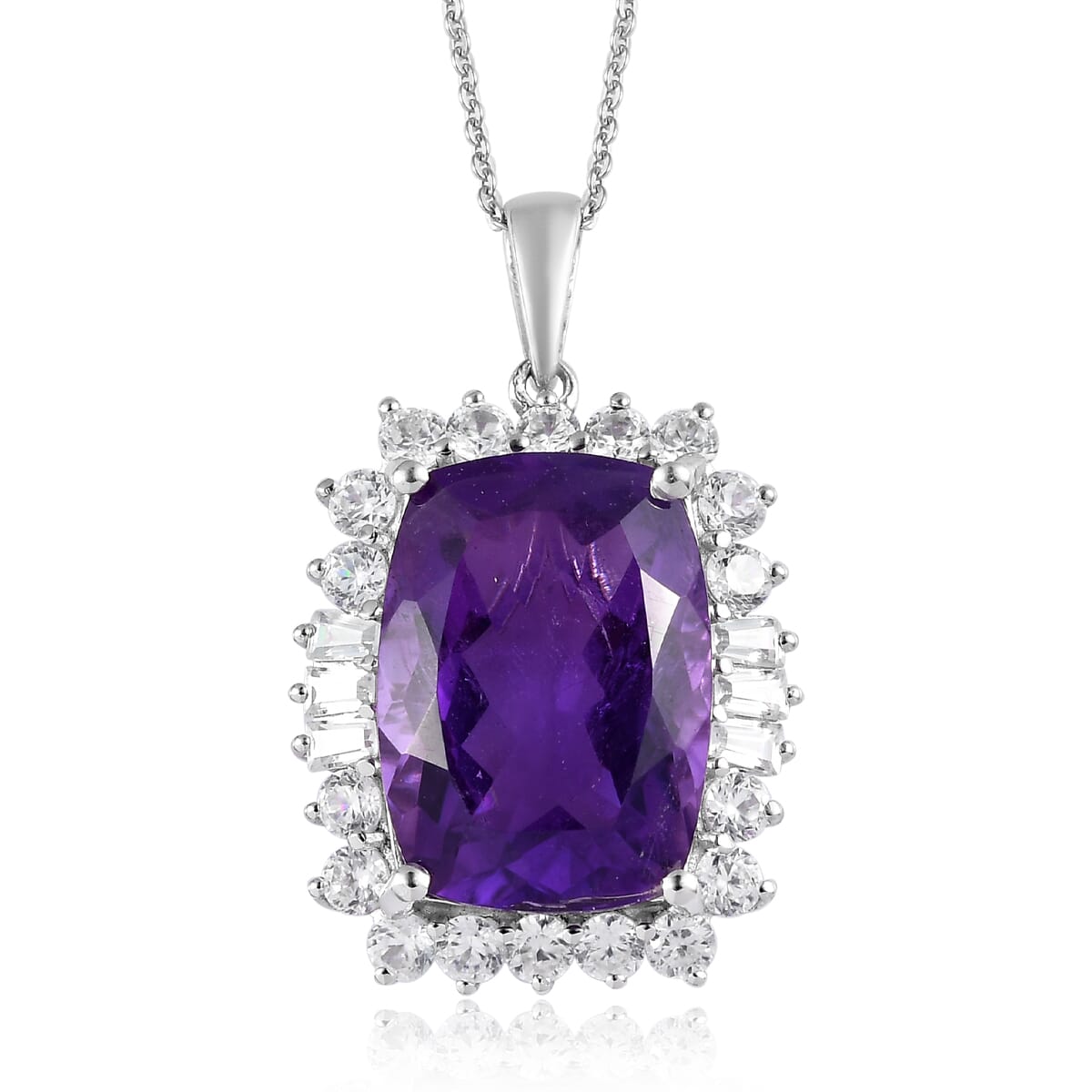 AAA Amethyst and Natural White Zircon Halo Pendant Necklace 20 Inches in Platinum Over Sterling Silver 15.15 ctw image number 0